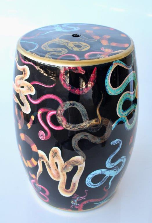 Black Garden Stool Coloured Snakes Design